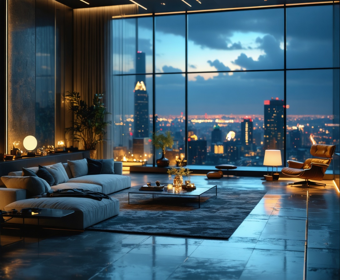 Modernes Luxus-Penthouse mit intelligenter Lichtsteuerung bei Dämmerung