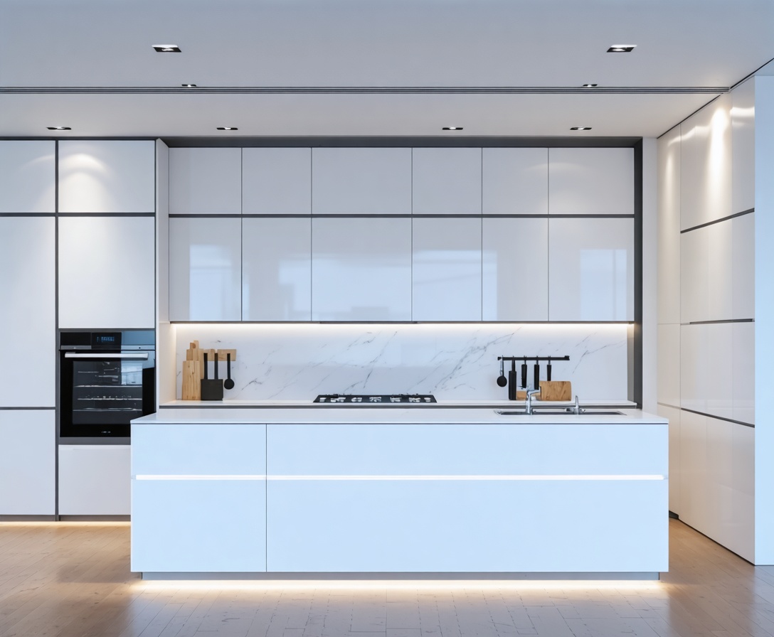 Minimalistische Küche mit integrierter Smart-Home-Technik