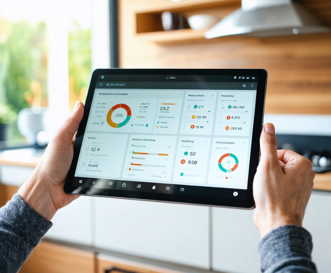 Hand hält ein Tablet mit Smart-Home-Dashboard zur Energiesteuerung