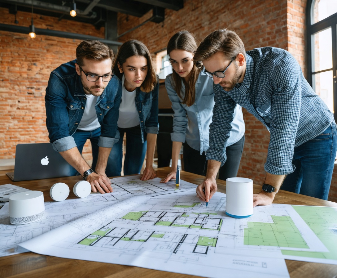 Das Team von Lumen & Logik in einem modernen Berliner Büro mit Sichtmauerwerk